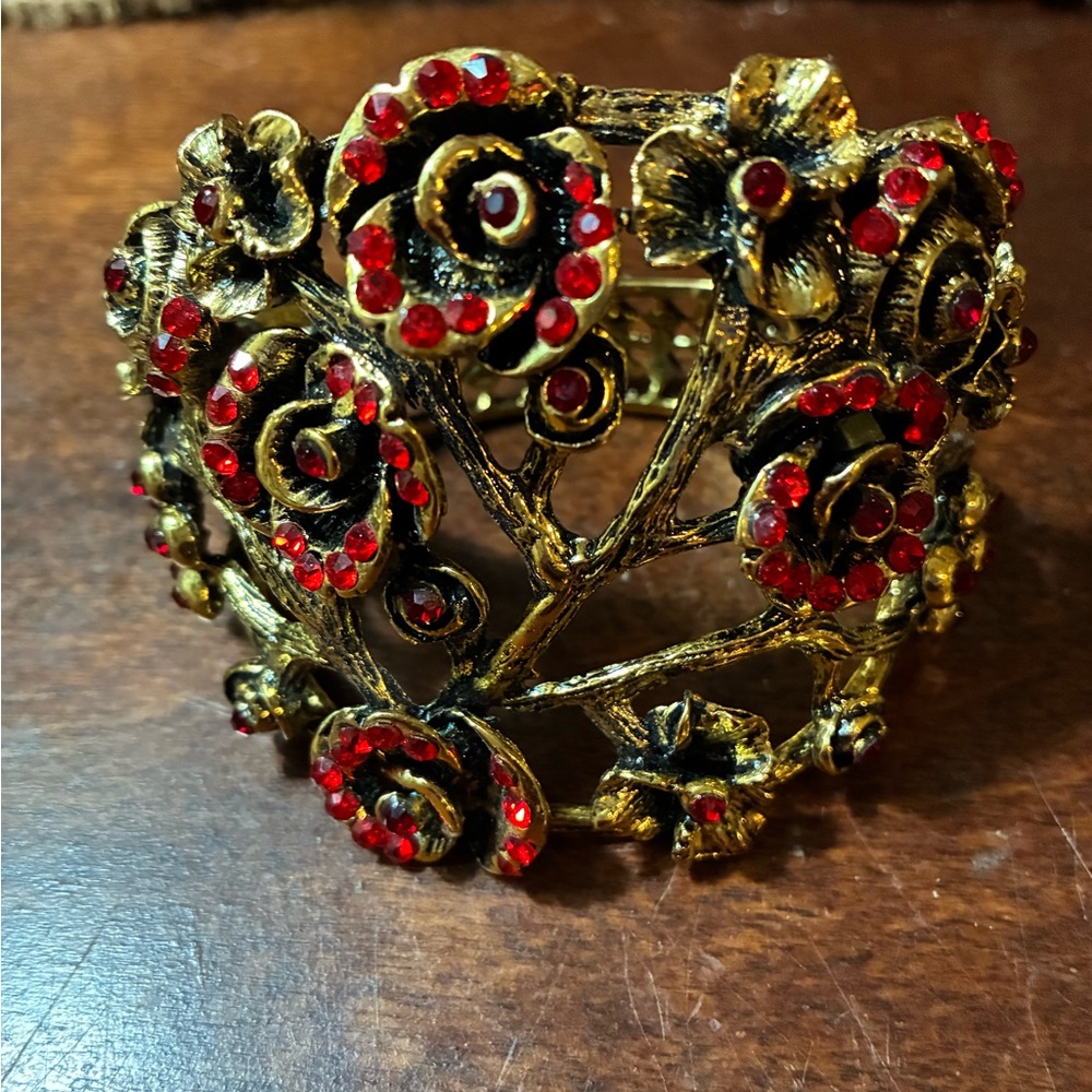 Vintage Victorian Floral Red and Gold Cuff Bracelet